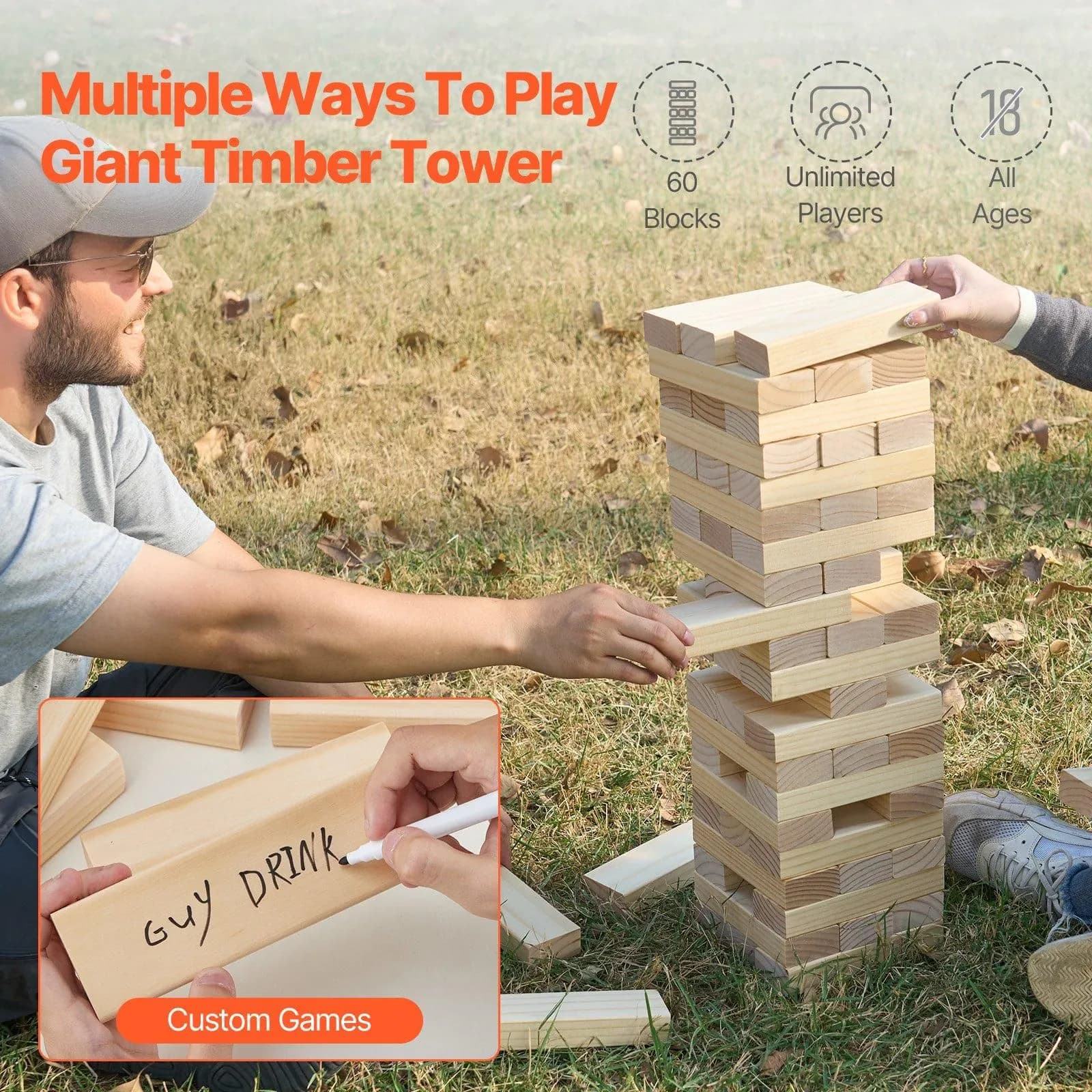 image-VEVOR Tumbling Timber Toy, 60 Blocks Giant Tumble Tower Blocks Game, Pine Wood Tumbling Tower Game with Storage Crate and Scoreboard, Wooden Stacking Game, Tumble Tower Family Games for Indoor/Outdoor