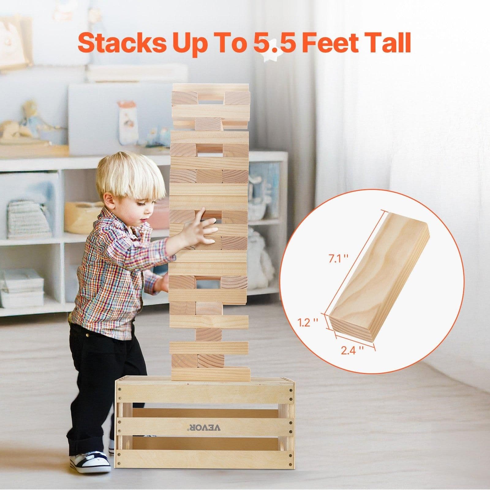 image-VEVOR Tumbling Timber Toy, 60 Blocks Giant Tumble Tower Blocks Game, Pine Wood Tumbling Tower Game with Storage Crate and Scoreboard, Wooden Stacking Game, Tumble Tower Family Games for Indoor/Outdoor