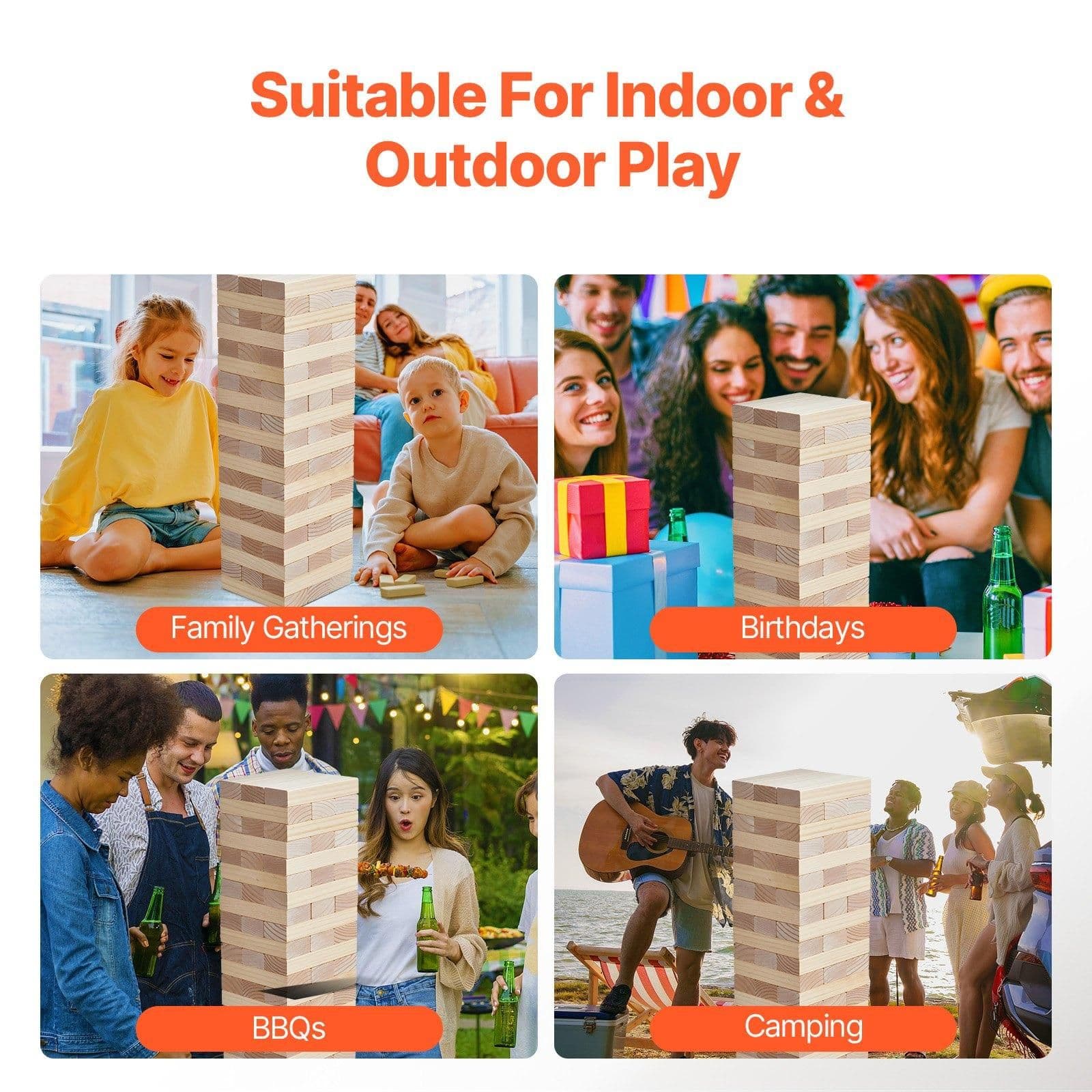 image-VEVOR Tumbling Timber Toy, 60 Blocks Giant Tumble Tower Blocks Game, Pine Wood Tumbling Tower Game with Storage Crate and Scoreboard, Wooden Stacking Game, Tumble Tower Family Games for Indoor/Outdoor