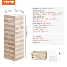 image-VEVOR Tumbling Timber Toy, 60 Blocks Giant Tumble Tower Blocks Game, Pine Wood Tumbling Tower Game with Storage Crate and Scoreboard, Wooden Stacking Game, Tumble Tower Family Games for Indoor/Outdoor