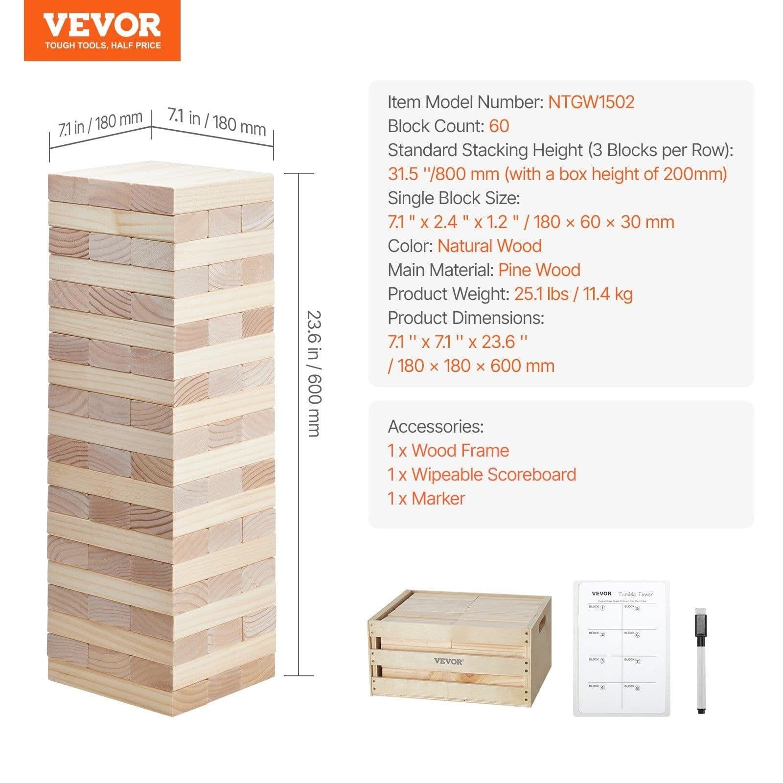 image-VEVOR Tumbling Timber Toy, 60 Blocks Giant Tumble Tower Blocks Game, Pine Wood Tumbling Tower Game with Storage Crate and Scoreboard, Wooden Stacking Game, Tumble Tower Family Games for Indoor/Outdoor