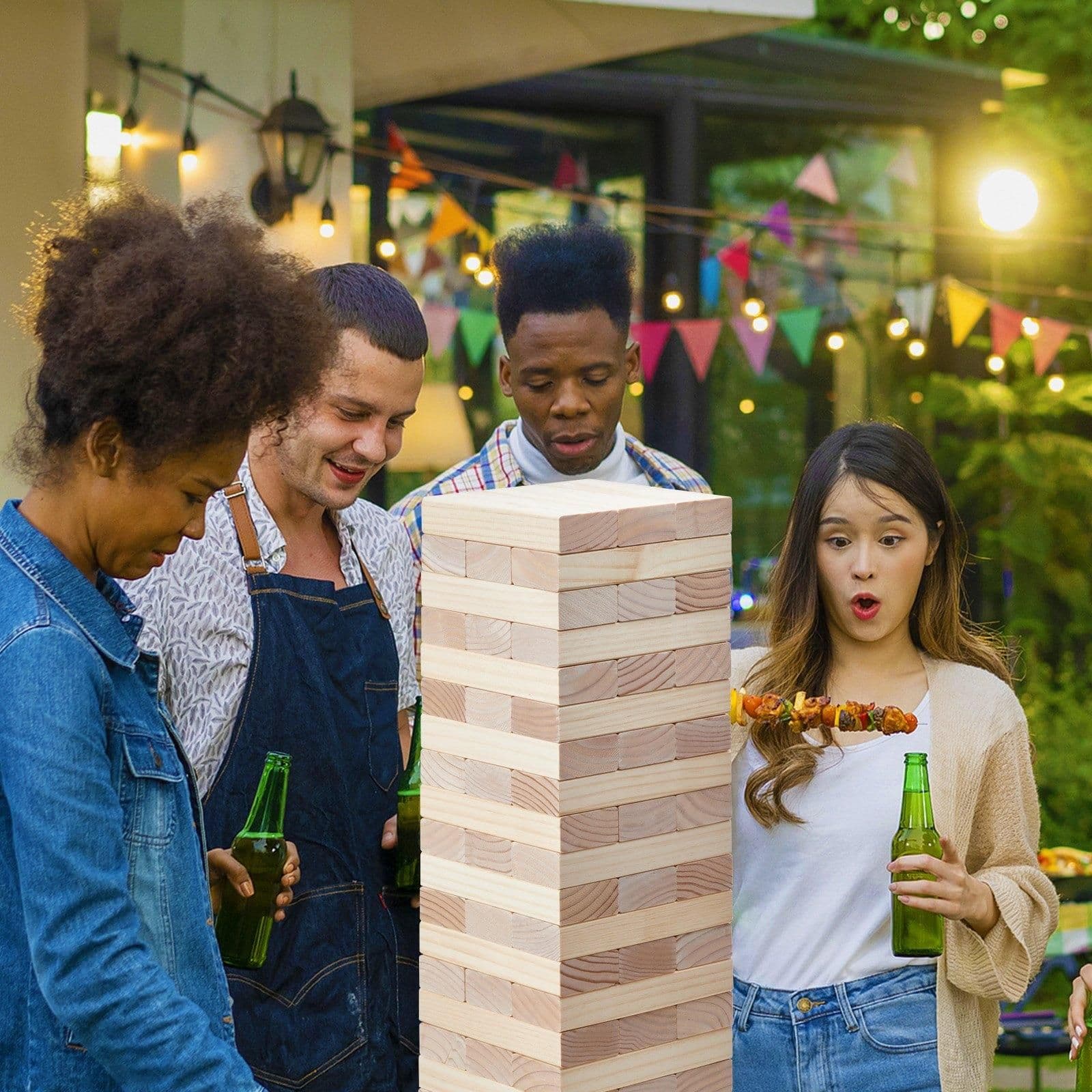 image-VEVOR Tumbling Timber Toy, 60 Blocks Giant Tumble Tower Blocks Game, Pine Wood Tumbling Tower Game with Storage Crate and Scoreboard, Wooden Stacking Game, Tumble Tower Family Games for Indoor/Outdoor