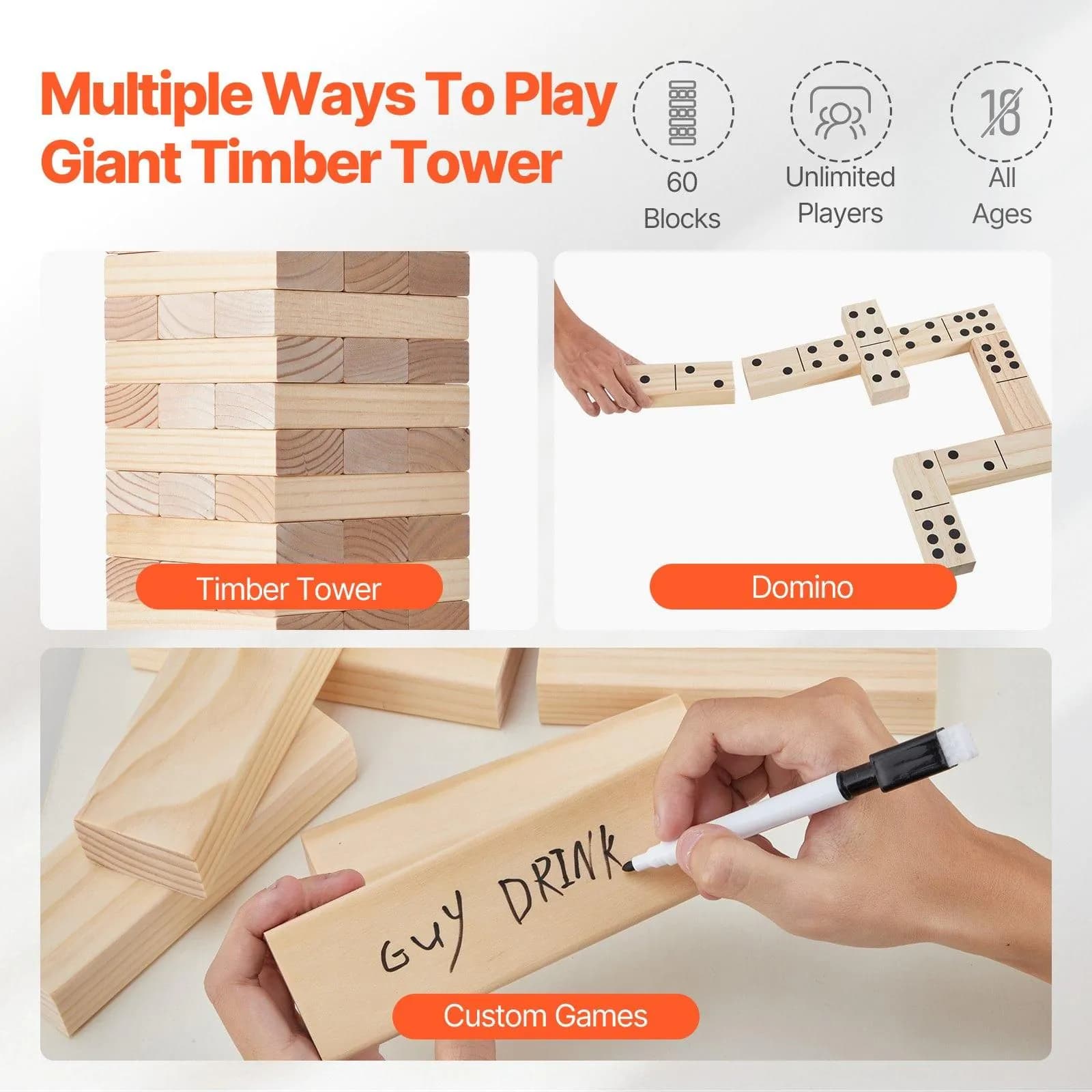 image-VEVOR Tumbling Timber Toy, 60 Blocks Giant Tumble Tower Blocks Game, Pine Wood Tumbling Tower Game with Carry Bag and Scoreboard, Wooden Stacking Game, Tumble Tower Family Games for Indoor/Outdoor