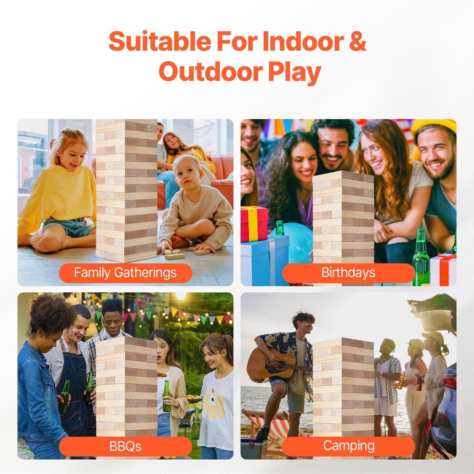 image-VEVOR Tumbling Timber Toy, 60 Blocks Giant Tumble Tower Blocks Game, Pine Wood Tumbling Tower Game with Carry Bag and Scoreboard, Wooden Stacking Game, Tumble Tower Family Games for Indoor/Outdoor