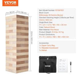 image-VEVOR Tumbling Timber Toy, 60 Blocks Giant Tumble Tower Blocks Game, Pine Wood Tumbling Tower Game with Carry Bag and Scoreboard, Wooden Stacking Game, Tumble Tower Family Games for Indoor/Outdoor