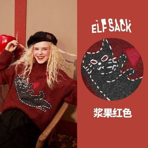 image-New Yew Cat Jacquard Casual Knit Pullover Sweater Women,Spring Vintage
