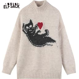 image-New Yew Cat Jacquard Casual Knit Pullover Sweater Women,Spring Vintage