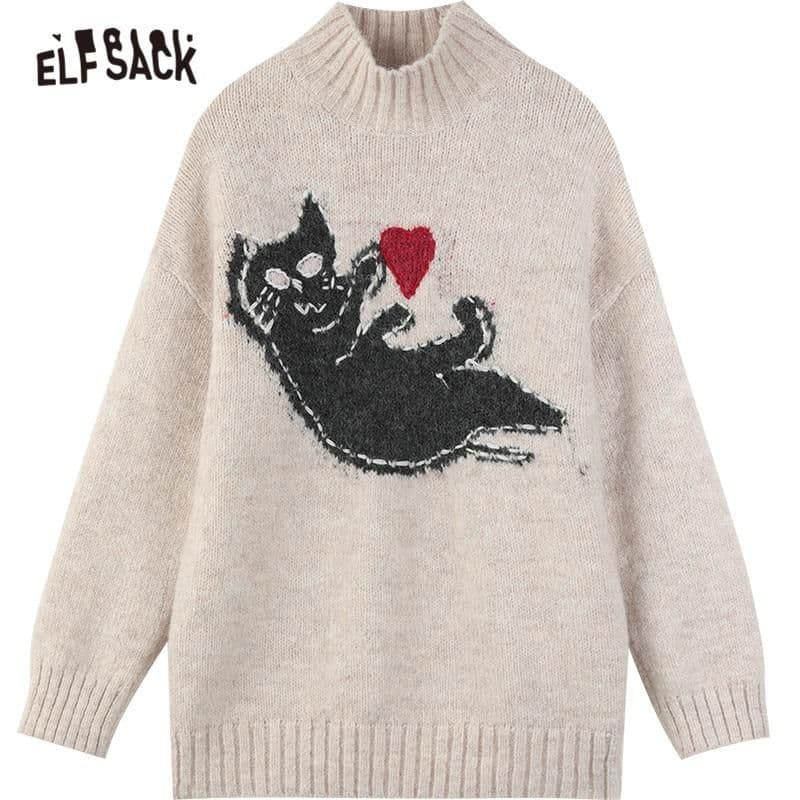 image-New Yew Cat Jacquard Casual Knit Pullover Sweater Women,Spring Vintage