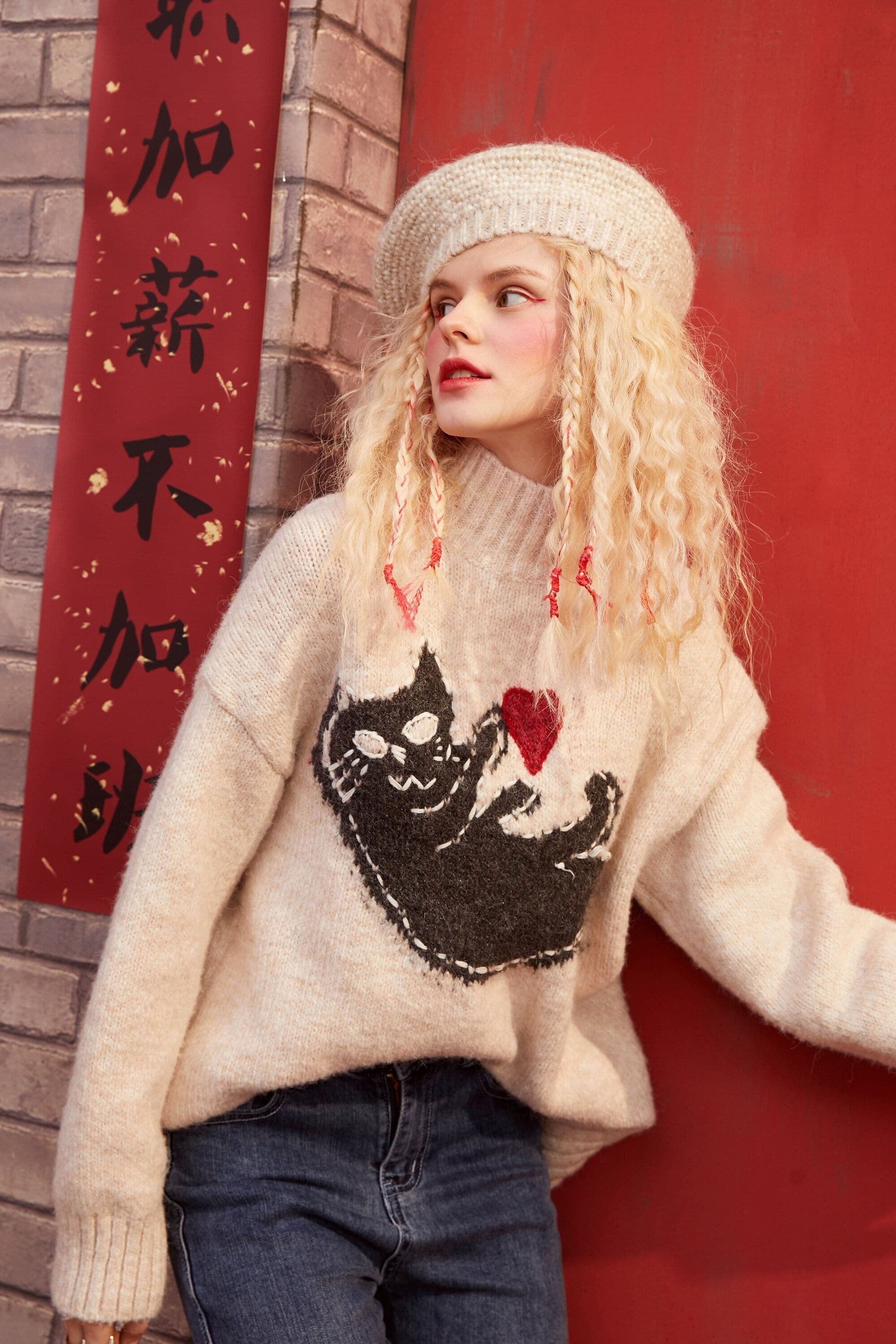 image-New Yew Cat Jacquard Casual Knit Pullover Sweater Women,Spring Vintage