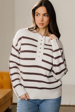 image-Brown Stripe Ribbed Henley Drop Shoulder Slouchy Sweater