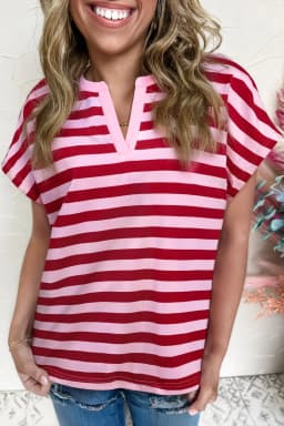 image-Pink Stripe Split V Neck T Shirt