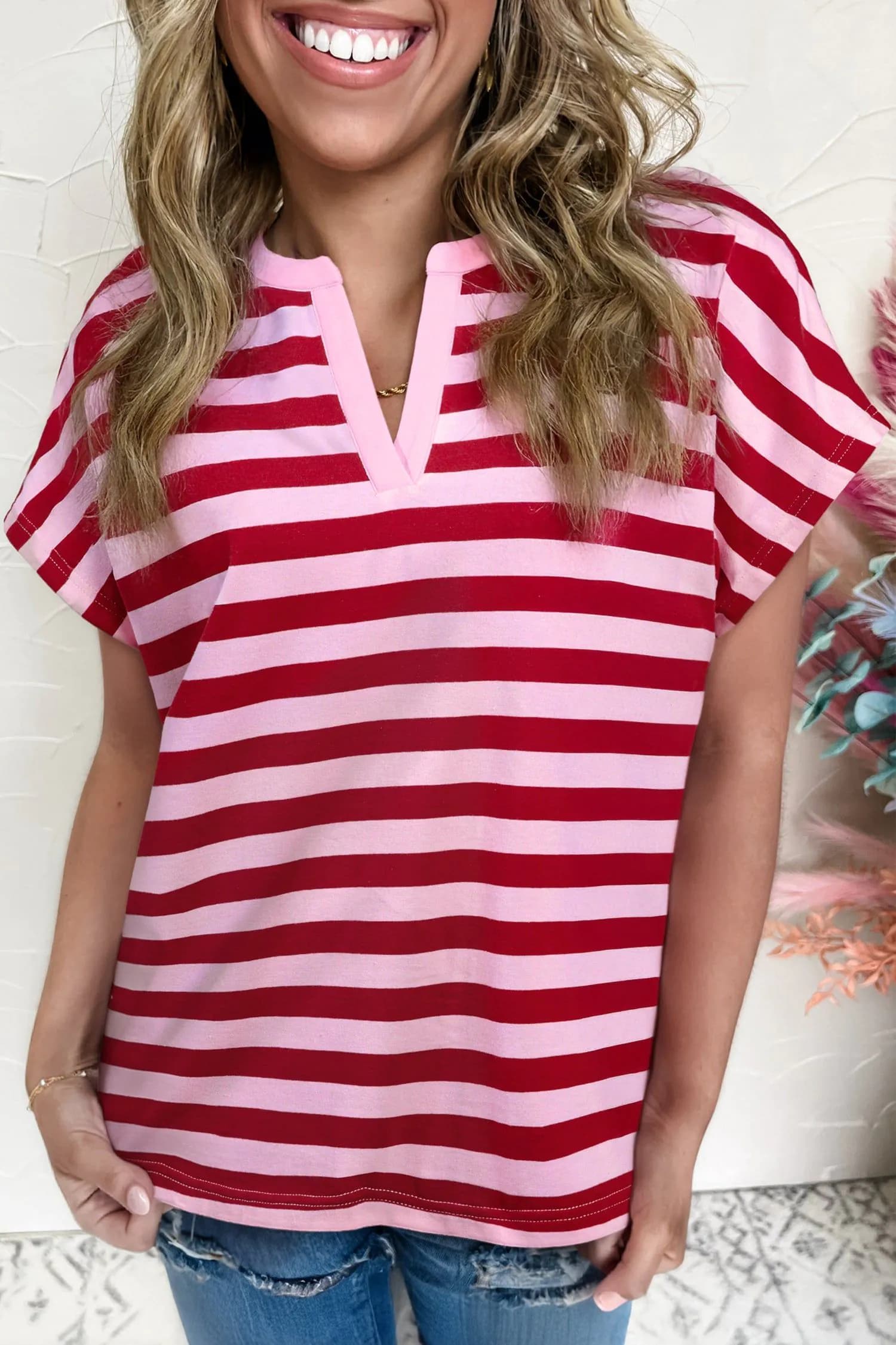 image-Pink Stripe Split V Neck T Shirt