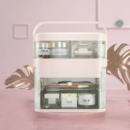 image-Net red cosmetics storage box LED lamp dust-proof skin care product dressing table desktop with mirror lamp jewelry rack