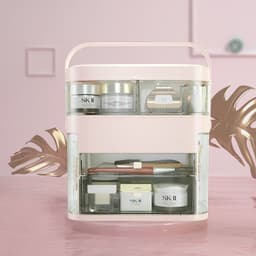 image-Net red cosmetics storage box LED lamp dust-proof skin care product dressing table desktop with mirror lamp jewelry rack