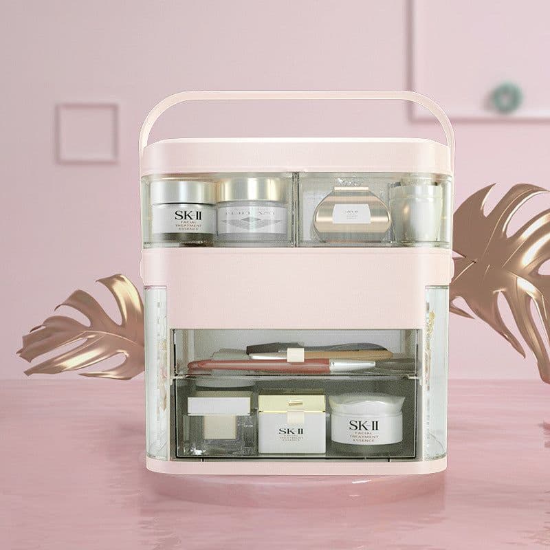 image-Net red cosmetics storage box LED lamp dust-proof skin care product dressing table desktop with mirror lamp jewelry rack