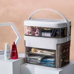 image-Net red cosmetics storage box LED lamp dust-proof skin care product dressing table desktop with mirror lamp jewelry rack