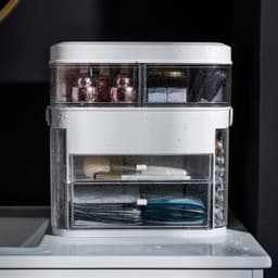 image-Net red cosmetics storage box LED lamp dust-proof skin care product dressing table desktop with mirror lamp jewelry rack