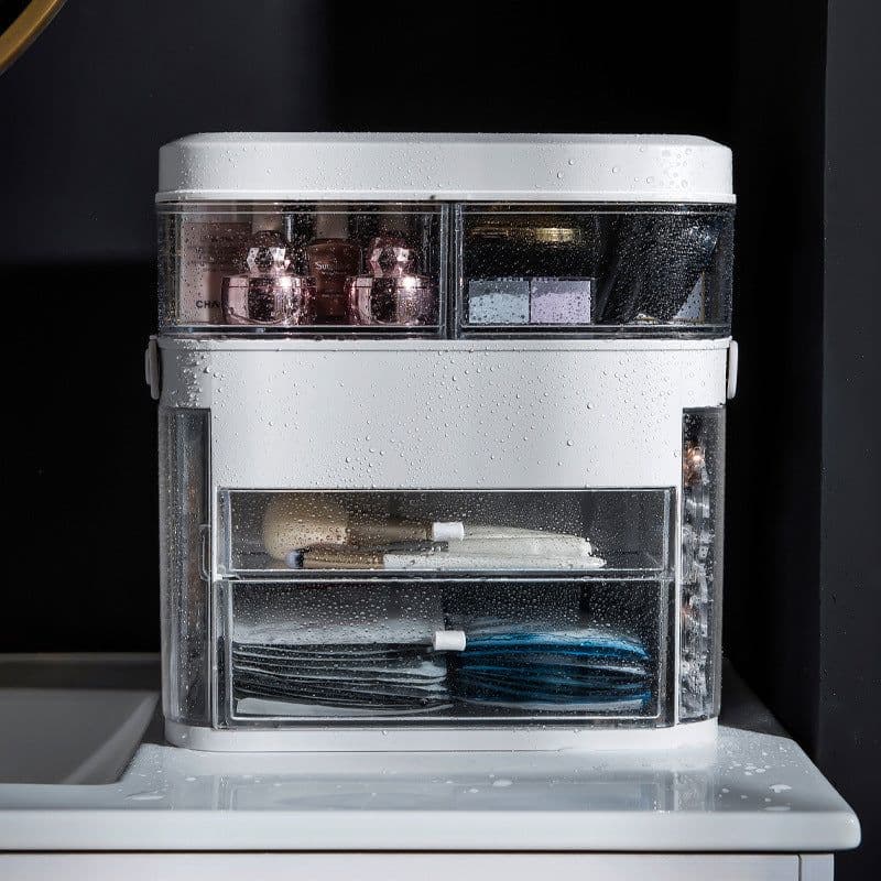 image-Net red cosmetics storage box LED lamp dust-proof skin care product dressing table desktop with mirror lamp jewelry rack