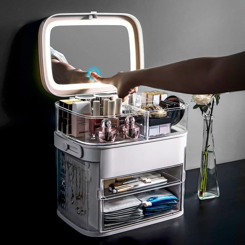 image-Net red cosmetics storage box LED lamp dust-proof skin care product dressing table desktop with mirror lamp jewelry rack