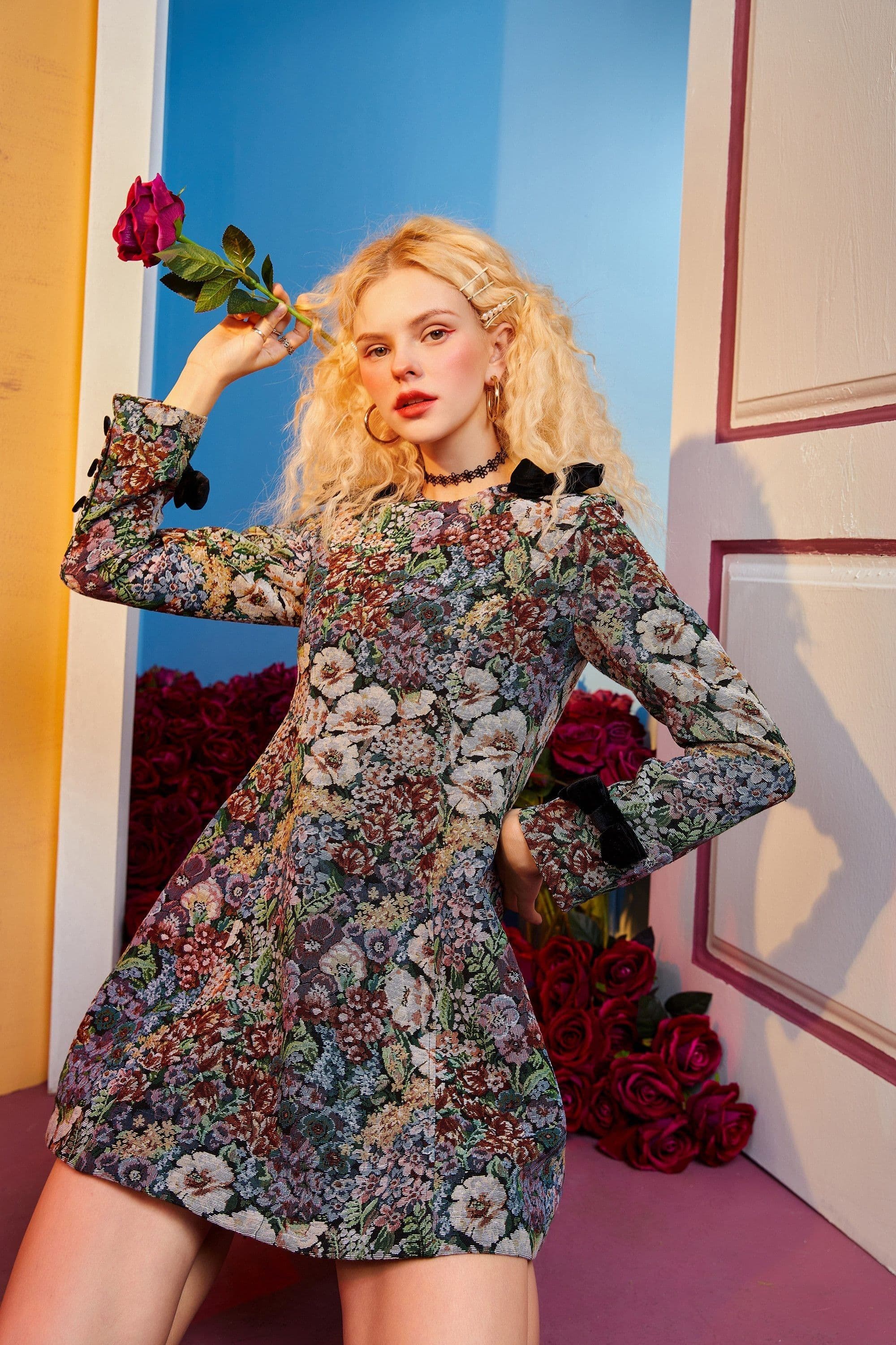 image-Floral Jacquard Bows Casual Women Mini Dress,Spring Vintage Contrast