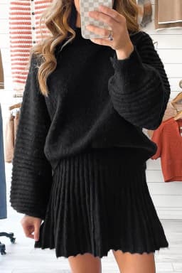 image-Black Puff Sleeve Sweater & Pleated Mini Skirt Set