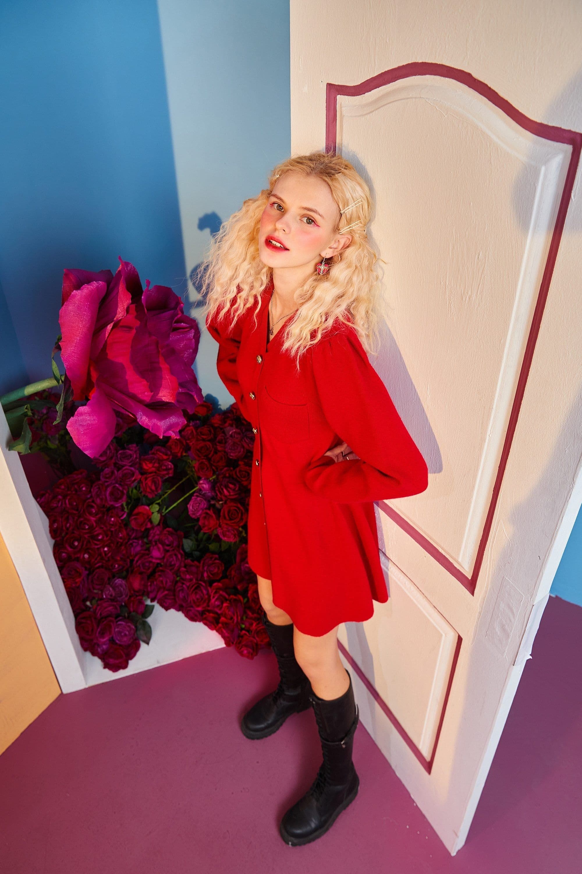 image-Solid Pure High Waist Casual Knit Women Mini Dress,Spring ELF Vintage