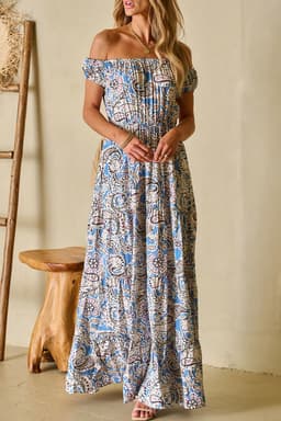 image-Blue Boho Paisley Print Off Shoulder Maxi Dress