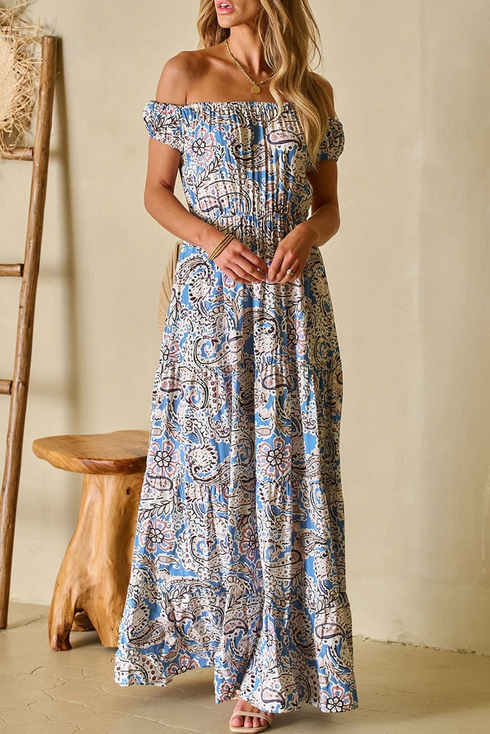 image-Blue Boho Paisley Print Off Shoulder Maxi Dress