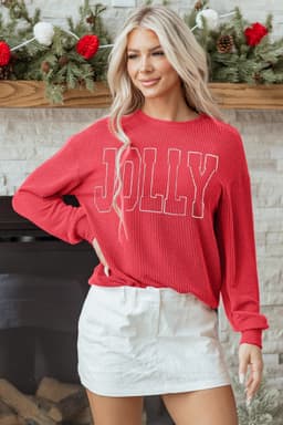 image-Blackish Green Twisted Rib Outlined Merry Letter Graphic Loose Long Sleeve Top