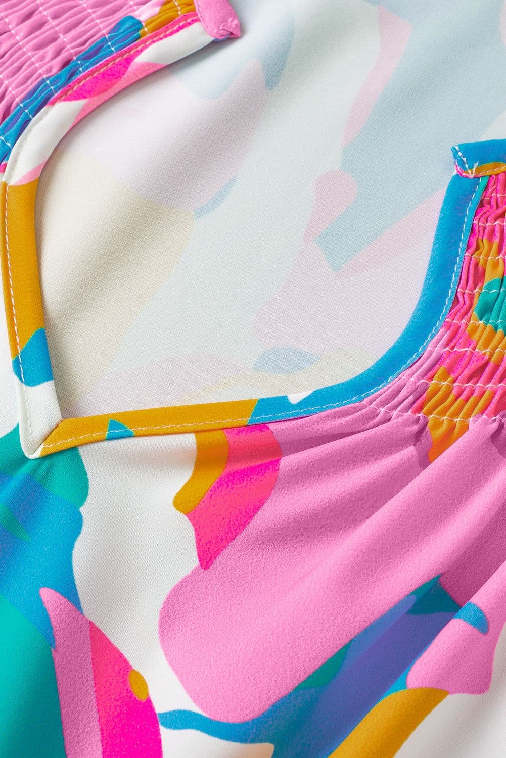 image-Abstract Print Notched Neck Flutter Sleeve Blouse - Multicolour