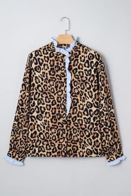 image-Brown Wild Leopard Print Contrast Striped Frilled Trim Chic Shirt