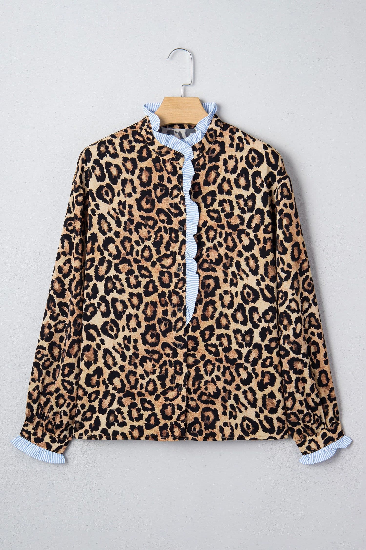 image-Brown Wild Leopard Print Contrast Striped Frilled Trim Chic Shirt