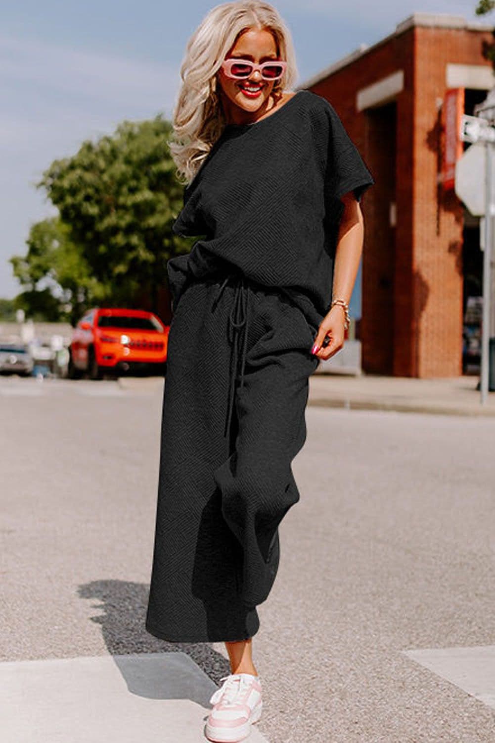 image-Strawberry Pink Textured Loose Fit T Shirt and Drawstring Pants Set