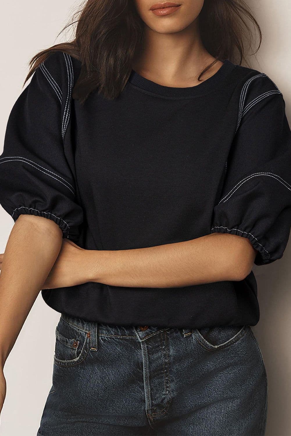 image-Black Puffy Half Sleeve Blouse with Contrast Stitches - Relaxed Fit