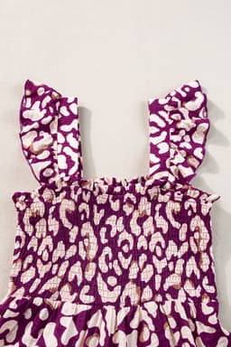 image-Pink Leopard Ruffle Straps Smocked High Waist Long Dress