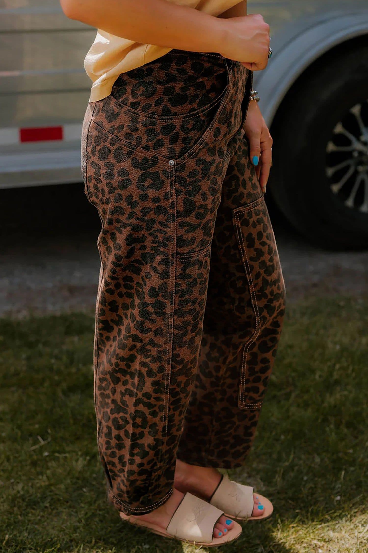 image-Brown Leopard Print Barrel Jeans - High Rise