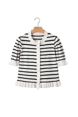 image-Stripped Beige Stripe Knit Short Sleeve Sweater Cardigan