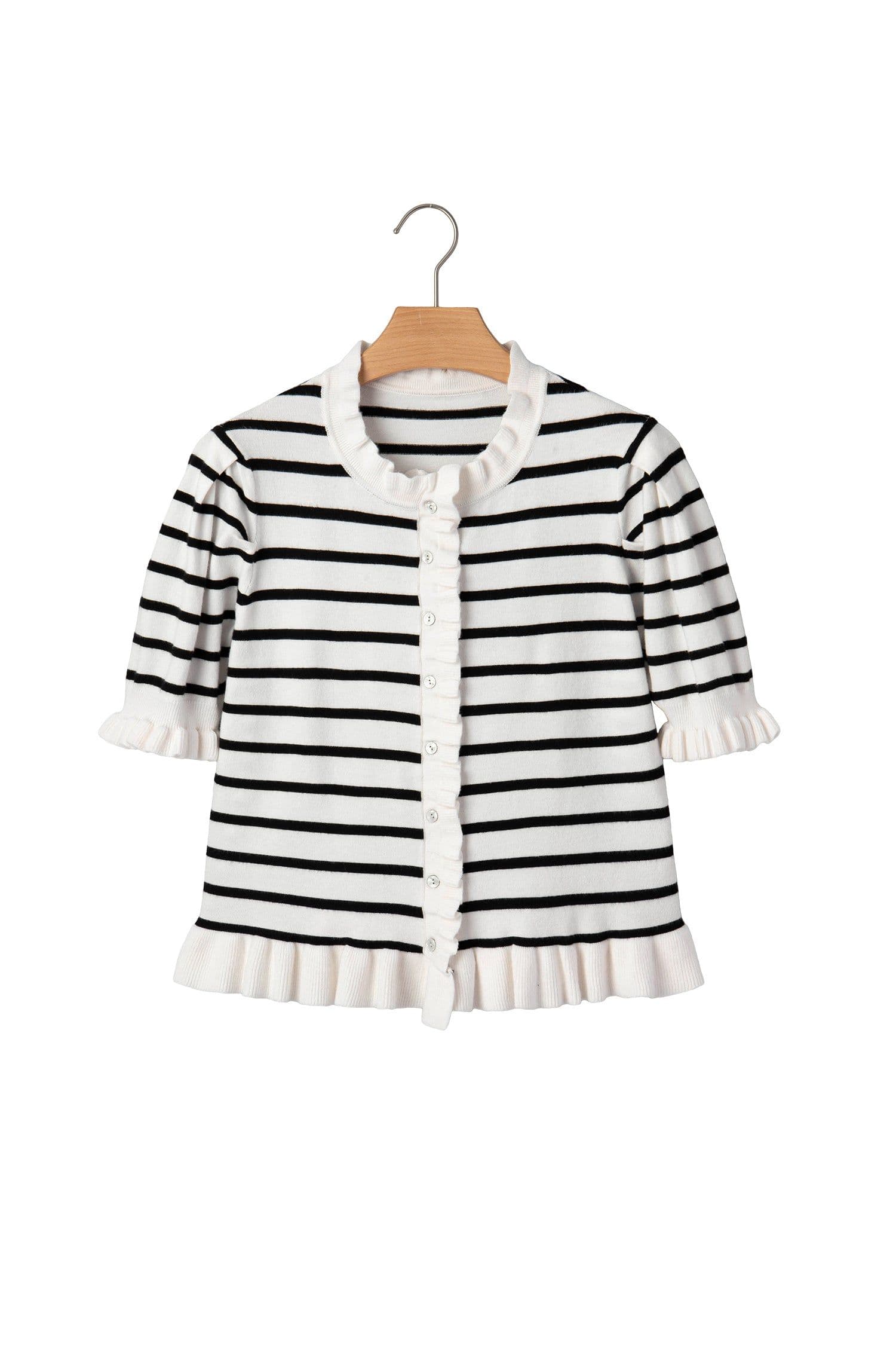 image-Stripped Beige Stripe Knit Short Sleeve Sweater Cardigan