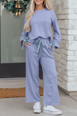 image-Beau Blue Flounce Long Sleeve Top Drawstring Pants Contrast Velvet Bow Knot 2pcs Lounge Set