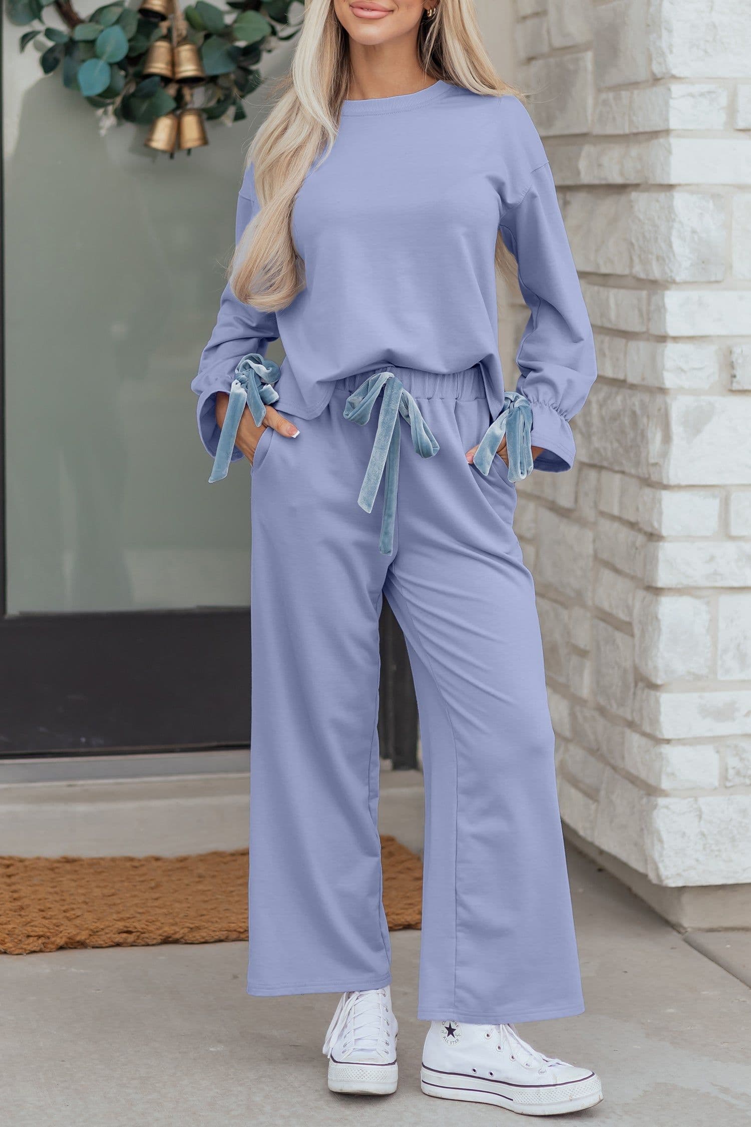 image-Beau Blue Flounce Long Sleeve Top Drawstring Pants Contrast Velvet Bow Knot 2pcs Lounge Set