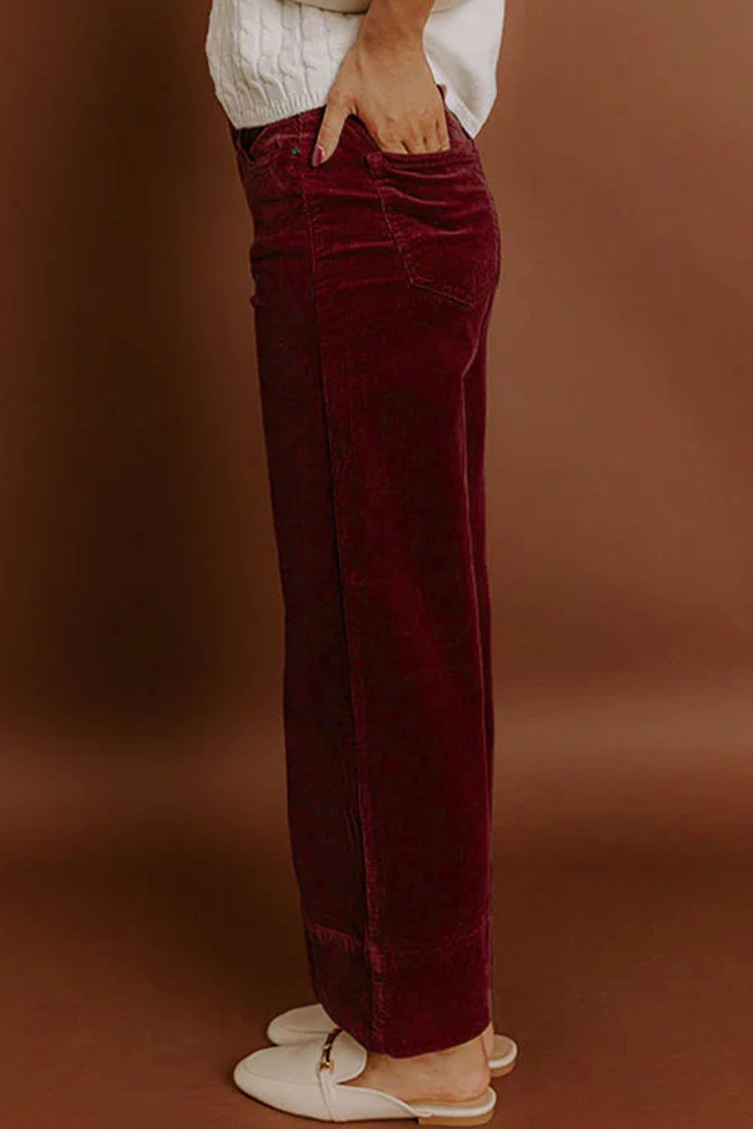 image-Burgundy Corduroy High Waist Wide Leg Pants
