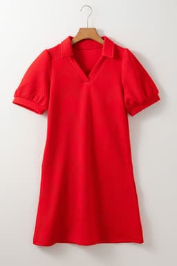image-Fiery Red Textured Collared V Neck Puff Short Sleeve Shift Mini Dress