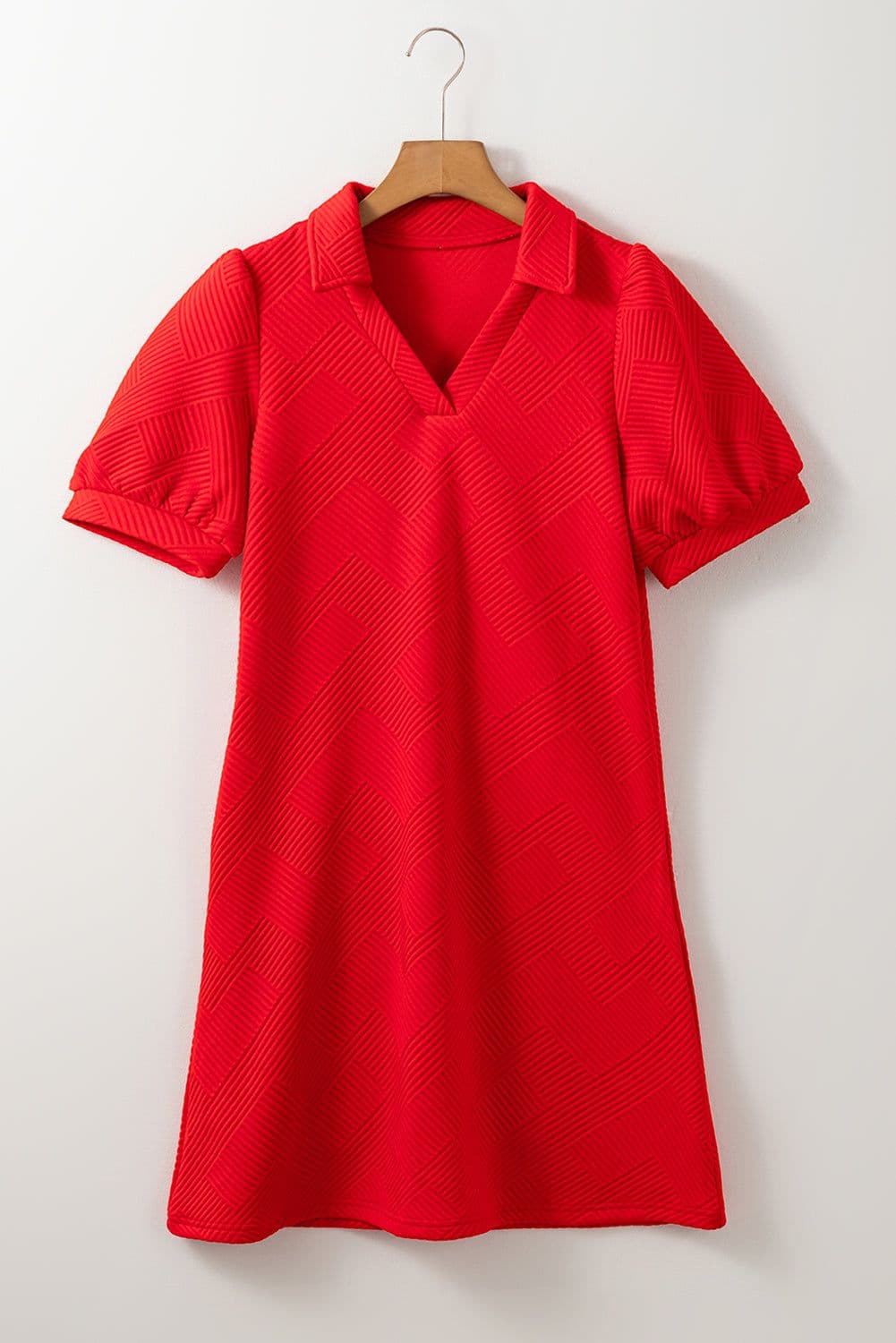 image-Fiery Red Textured Collared V Neck Puff Short Sleeve Shift Mini Dress