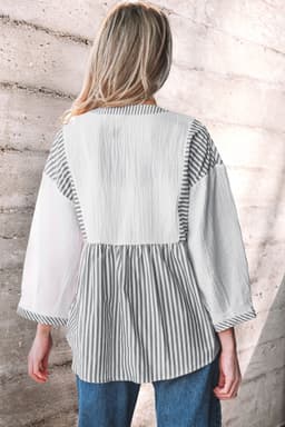 image-Gray Stripe Half Button Gauze Patchwork Bracelet Blouse