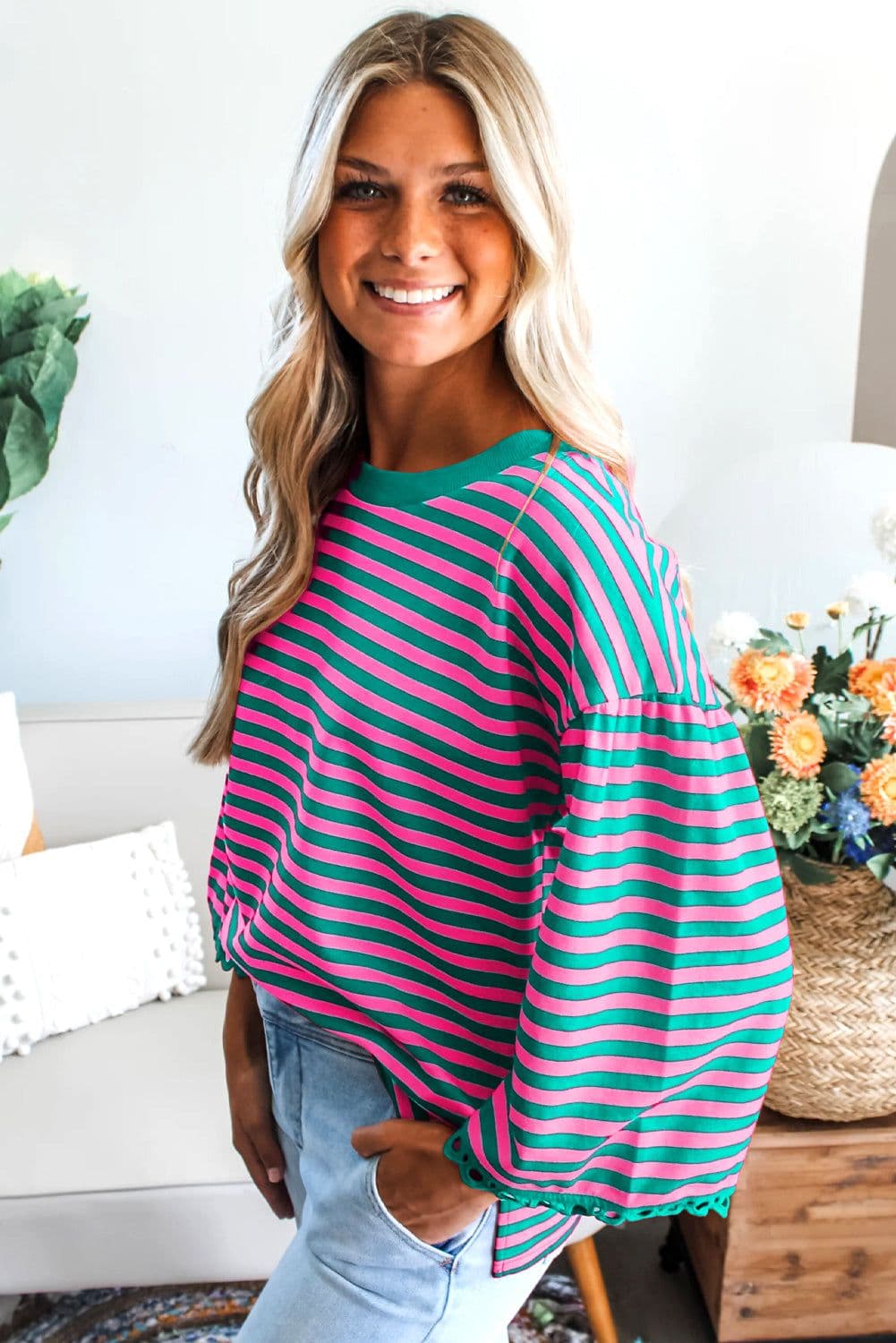 image-Sachet Pink Striped Print Drop Shoulder Lace Trim Bracelet Sleeve Loose Top