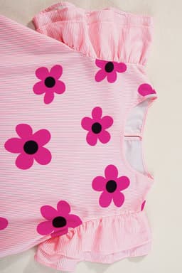 image-Floral Print Ruffled Sleeve Blouse - Pink Pinstripe - Sizes Available