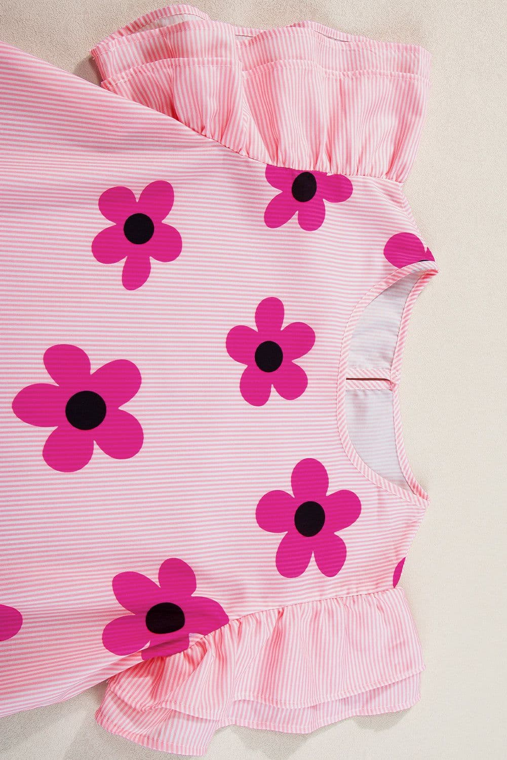image-Floral Print Ruffled Sleeve Blouse - Pink Pinstripe - Sizes Available