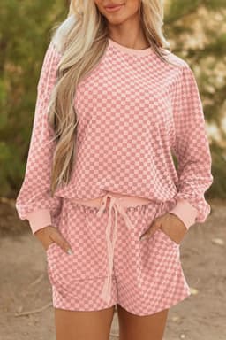 image-Pink Checkerboard Long Sleeve Pullover and Shorts Set