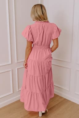 image-Bright Green V Neck Puff Sleeve High Waist Tiered Maxi