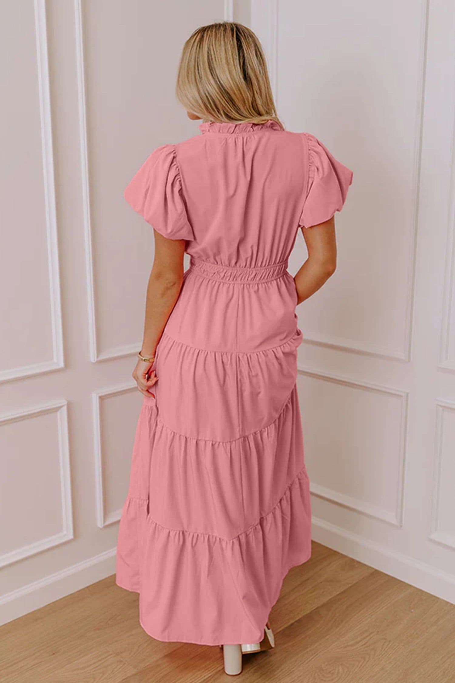 image-Bright Green V Neck Puff Sleeve High Waist Tiered Maxi